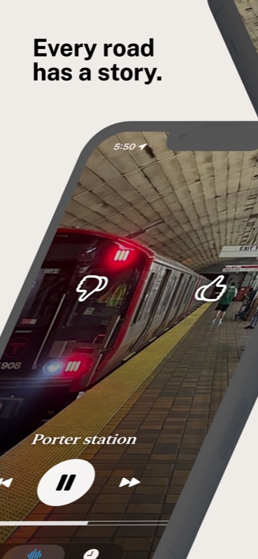 Wanderpedia playing a story about Porter station with album-art-style cover image and player controls