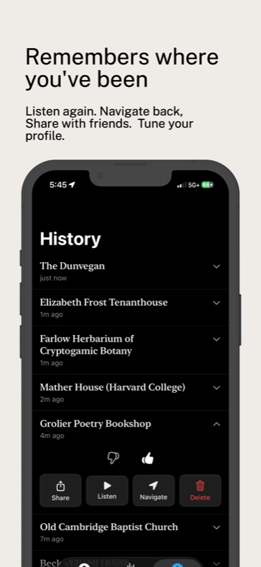 History tab showing past stories — The Dunvegan, Elizabeth Frost Tenanthouse, Farlow Herbarium — with Listen, Navigate, Share, and Delete actions
