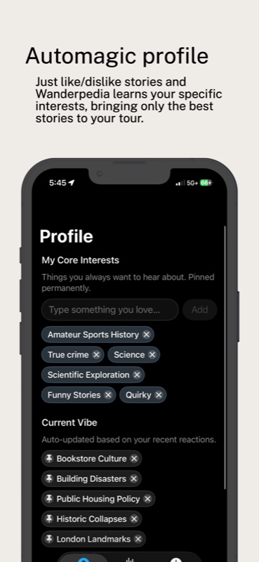 Profile tab with Core Interests and a Current Vibe auto-built from your reactions